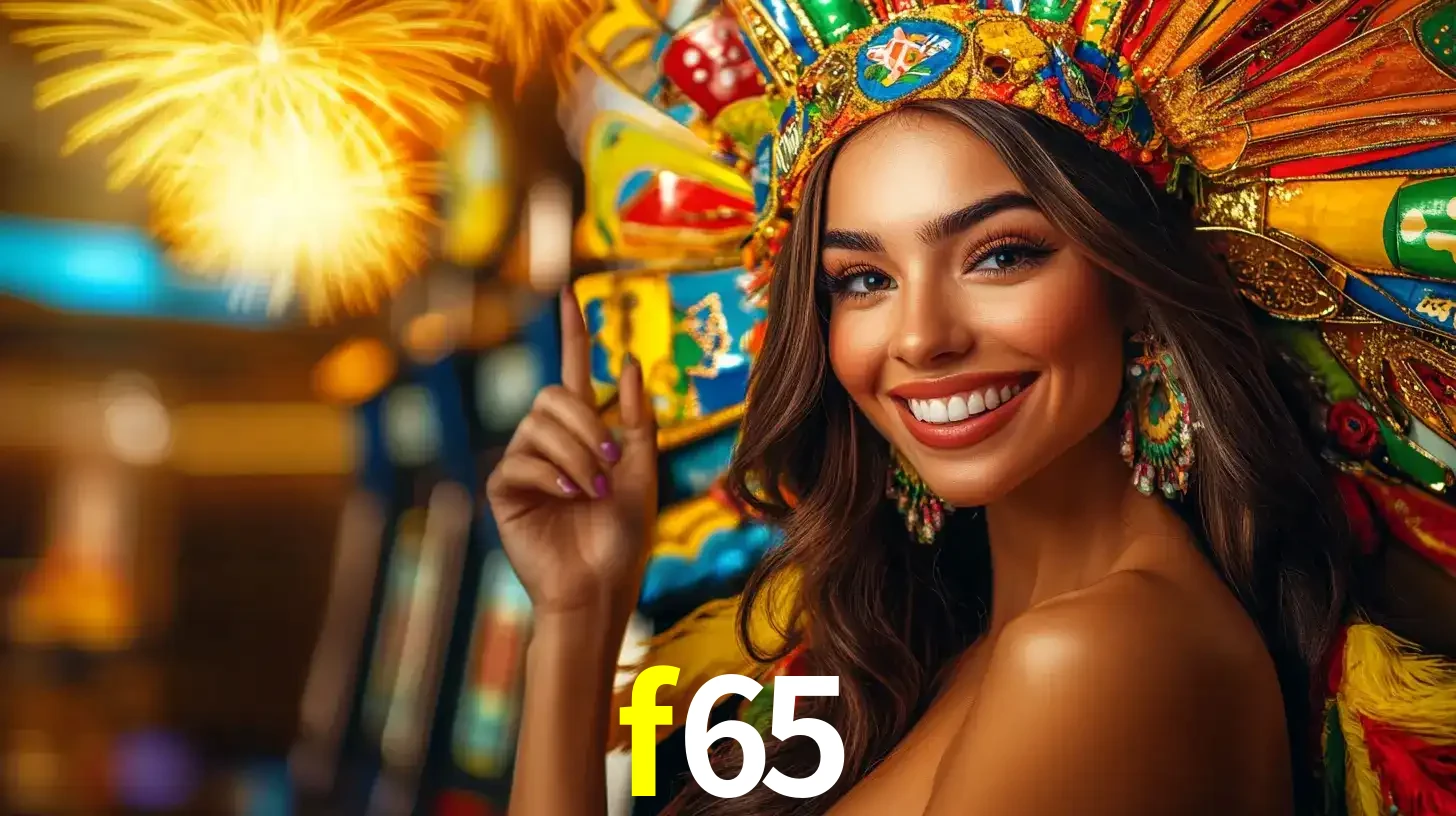 Mulher sorridente com um cocar de carnaval vibrante e colorido, celebrando uma grande vitória nos jogos do cassino f65 com fogos de artifício ao fundo.