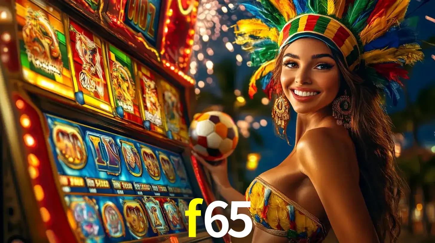 Mulher com um cocar de carnaval ao lado de uma máquina de caça-níqueis enquanto segura uma bola de futebol, mostrando a união da diversão de cassino e esportes no f65.