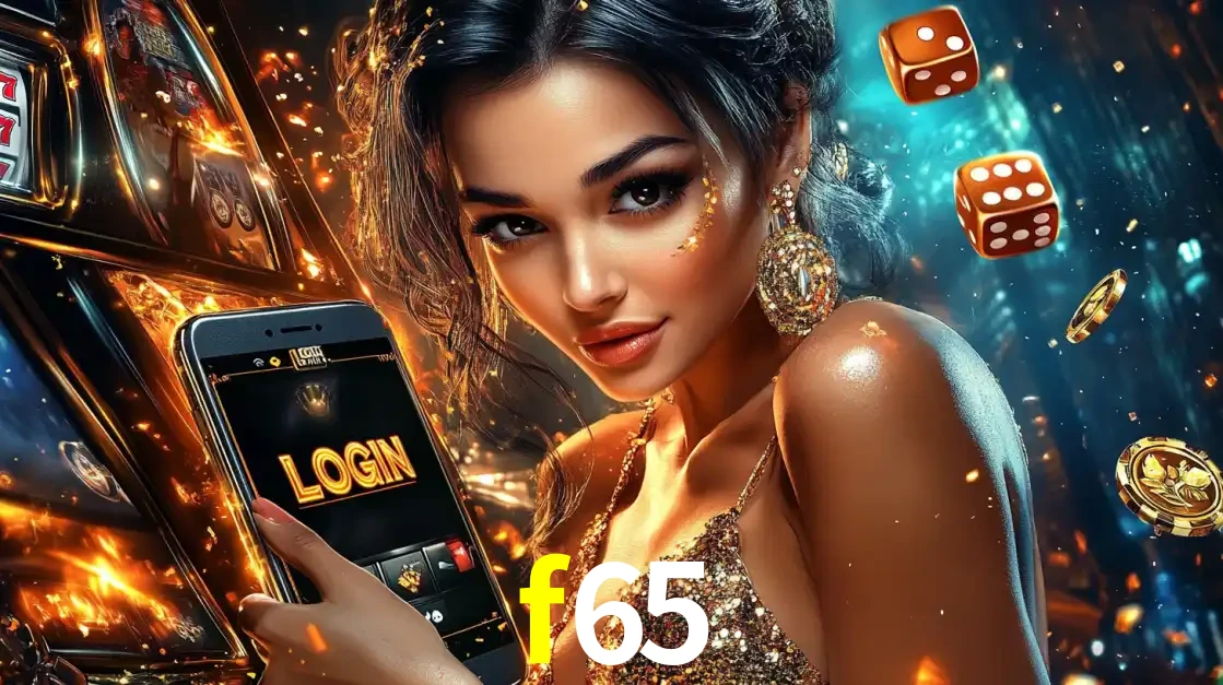 Mulher glamourosa segurando um celular com a tela de login do cassino f65, rodeada por dados e moedas douradas, pronta para começar a diversão.