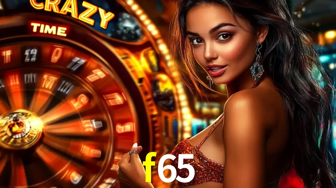 Mulher ao lado da roda de prêmios do jogo de cassino ao vivo Crazy Time, um dos shows de jogos mais emocionantes oferecidos pela plataforma de apostas f65.