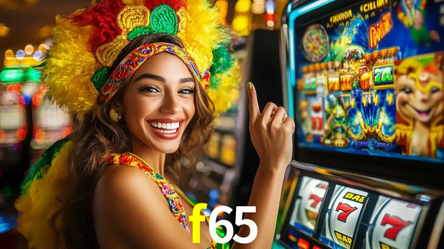 Mulher animada com um cocar de carnaval apontando para uma máquina de caça-níqueis, mostrando a emoção de ganhar um grande prêmio nos jogos do f65.