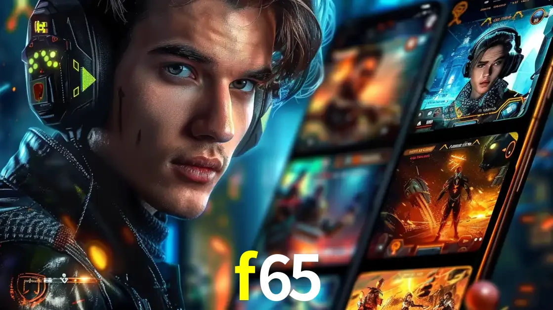Jovem jogador com fones de ouvido olhando para a câmera, com um aplicativo de jogos e e-sports para celular ao fundo, pronto para a competição e apostas no f65.