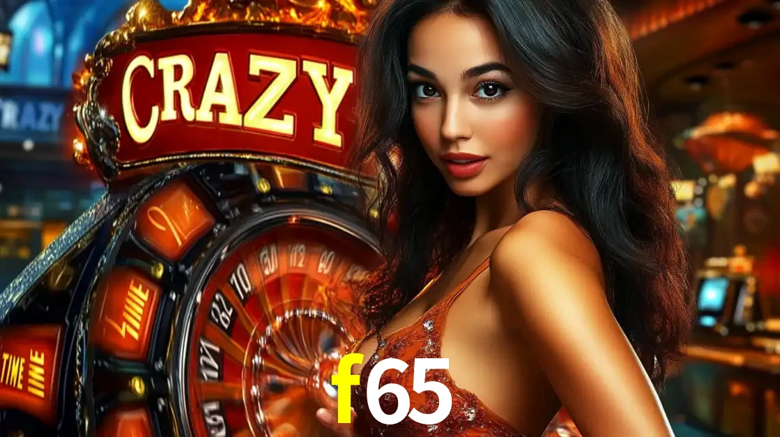 Mulher glamourosa olhando para a câmera com a roda vermelha do Crazy Time ao fundo em um ambiente de cassino, destacando a emoção dos jogos ao vivo no f65.