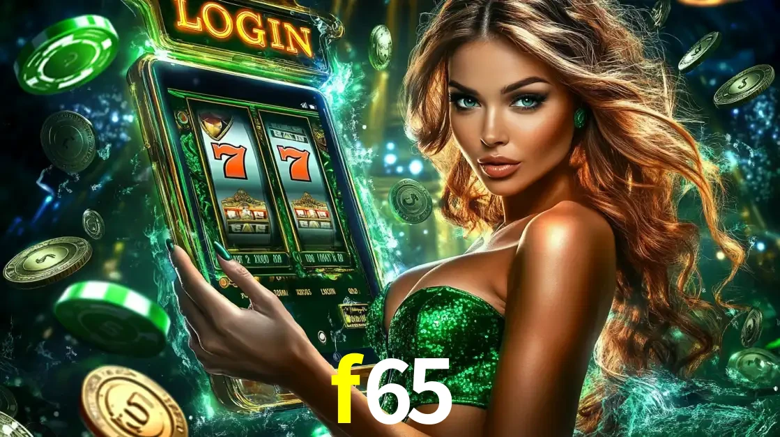 Mulher com tema verde apresentando o aplicativo do cassino f65 com um jogo de slot de 777, cercada por fichas de cassino e uma aura de sorte.