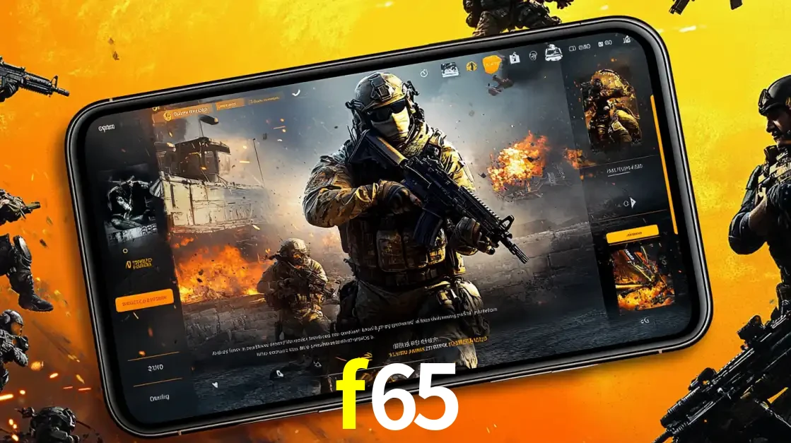 Um smartphone exibindo a interface de um jogo de tiro em primeira pessoa, com um soldado em um cenário de batalha, representando a ação dos e-sports para apostar no f65.