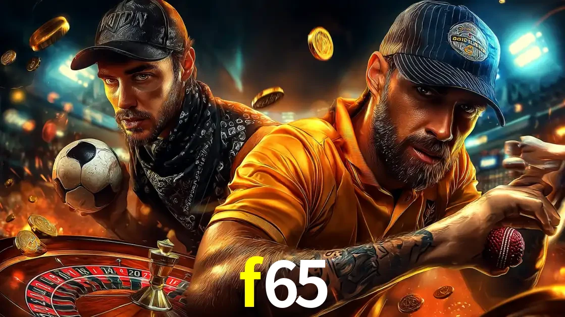 Montagem de apostas esportivas e cassino no f65, com um homem segurando uma bola de futebol e outro uma de beisebol sobre uma roleta e moedas voadoras.