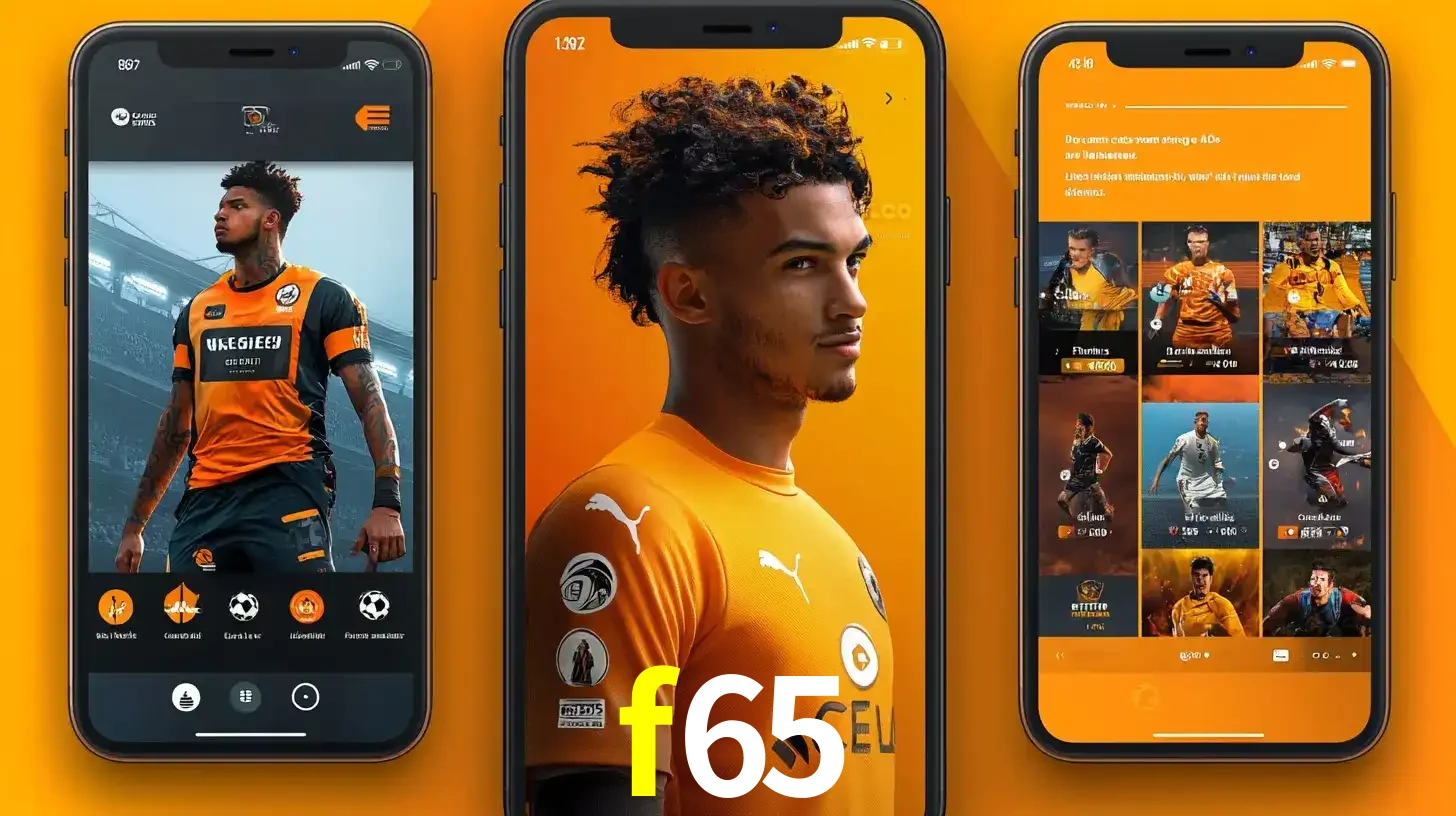 Interface do aplicativo de apostas esportivas f65 em três telas de celular, mostrando o perfil de um jogador de futebol e a lista de jogos disponíveis para apostar.