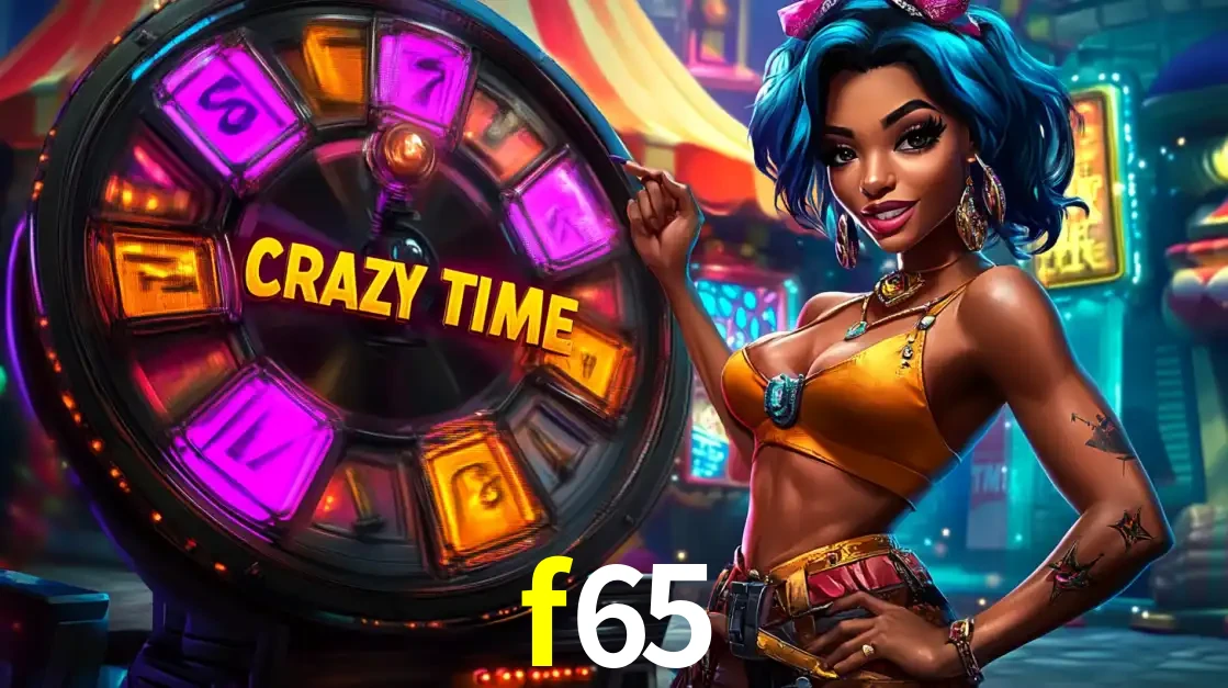 Mulher estilizada com cabelo azul e visual vibrante posando ao lado da roda de prêmios do game show Crazy Time, convidando para a diversão e os bônus do cassino f65.