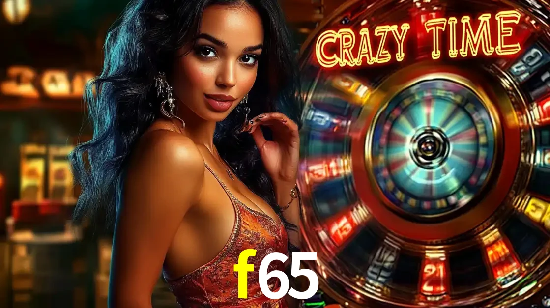 Mulher elegante ao lado da vibrante roda da fortuna do jogo de cassino ao vivo Crazy Time, um dos game shows mais populares e cheios de prêmios do f65.