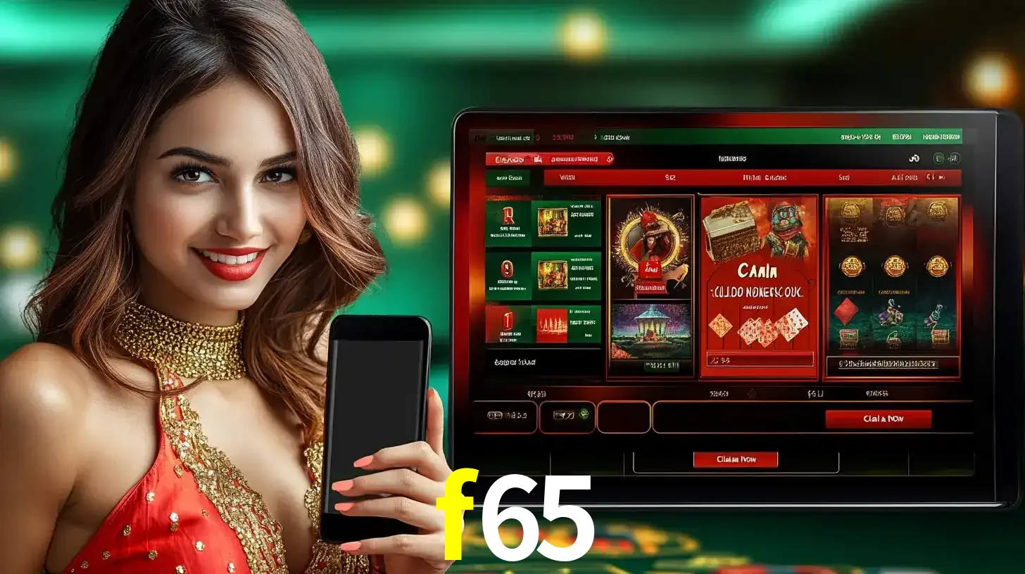 Mulher sorridente segurando um smartphone, ao lado de uma tela exibindo o lobby de jogos do cassino online f65, com várias opções de jogos de cartas e slots.
